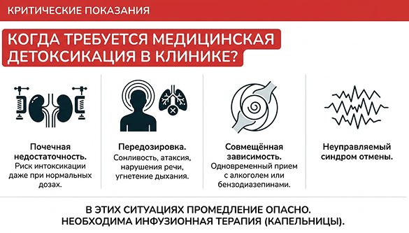 Инфографика с заголовком когда требуется медицинская детоксикация.