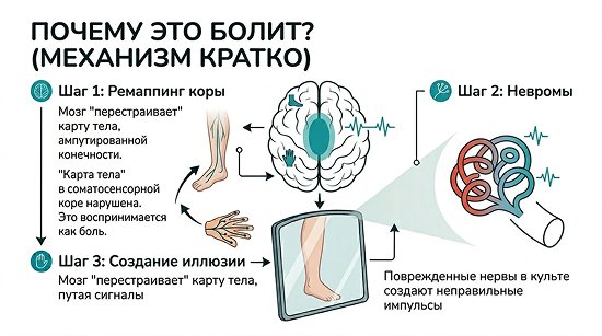 Инфографика, объясняющая механизм фантомной боли и принцип действия зеркальной терапии.