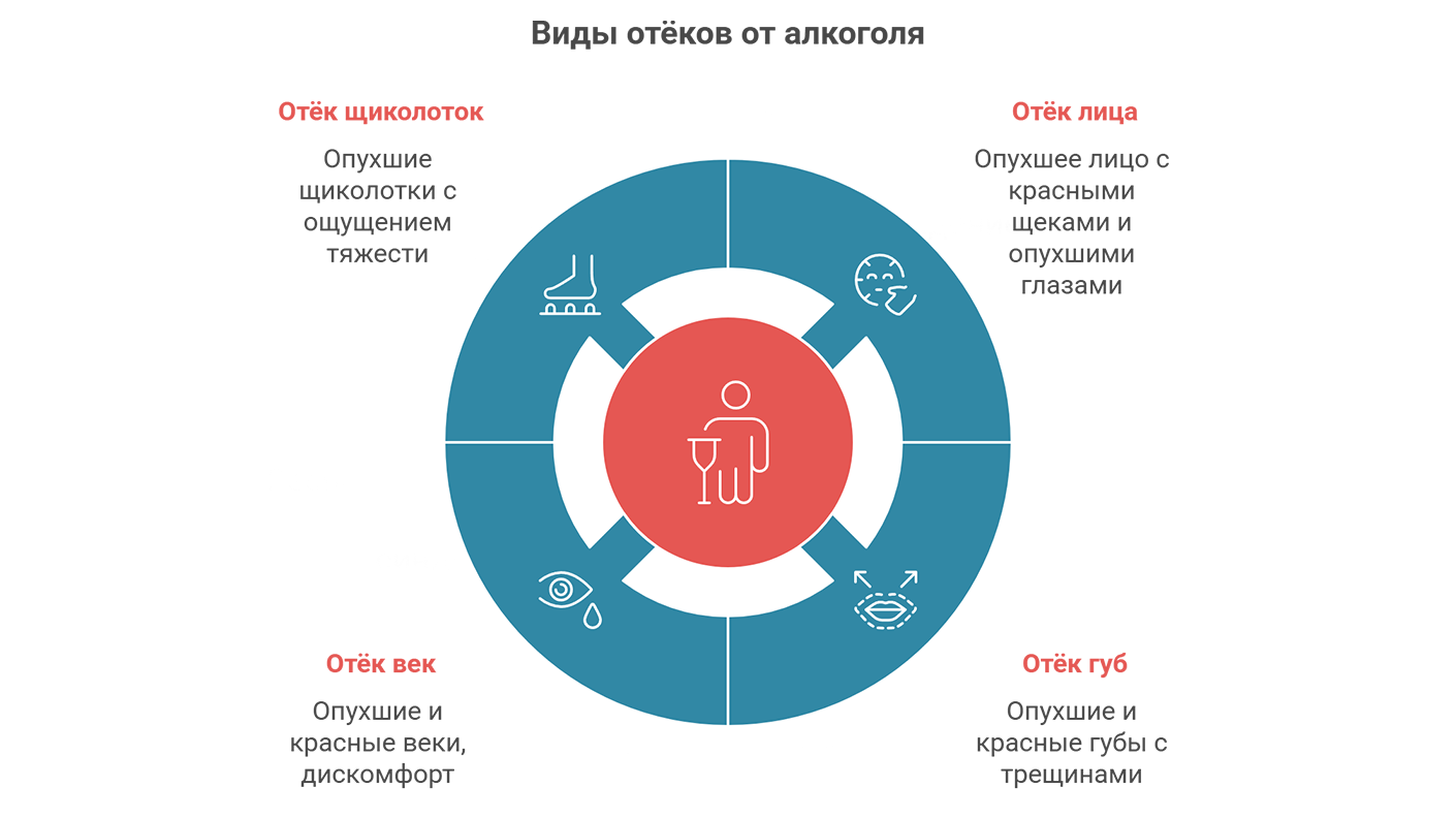 Виды отёков от алкоголя Виды отёков от алкоголя (инфографика)