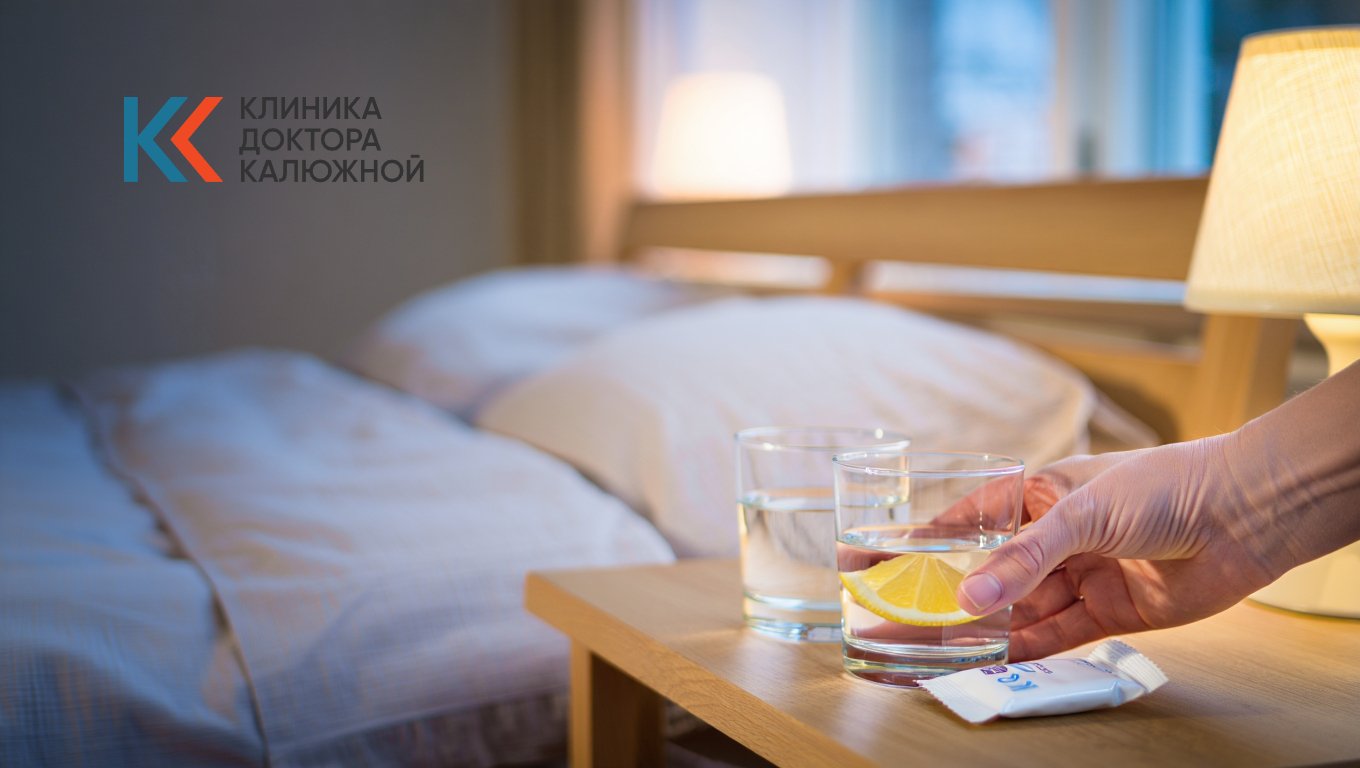 Стакан воды с лимоном на тумбочке