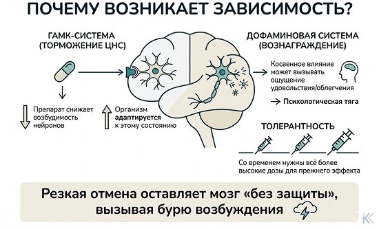 Инфографика, объясняющая механизм формирования зависимости от габапентина.