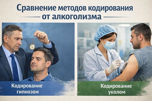Сравнение методов кодирования от алкоголизма: медикаментозные и психотерапевтические подходы (инфографика